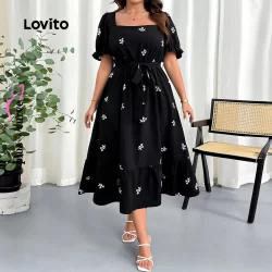 (Trendy) Lovito Vestido Plus Size curva elegante Ditsy Floral babado bainha mangas bufantes para mulheres LBL23757