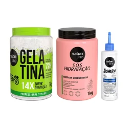Kit com Gelatina Super Definição + Tônico Fortalecedor + Máscara SOS Hidratação Turbinada Salon Line
