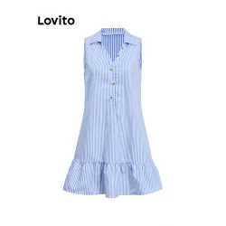 Lovito Vestido Boho listrado com babados e botões na bainha para mulheres L96MD075