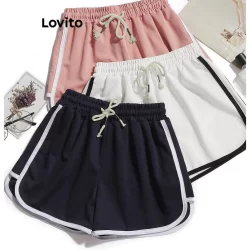 (Trendy) Lovito Shorts Esportivos Simples com Contraste de Costura para Mulheres LNL47151
