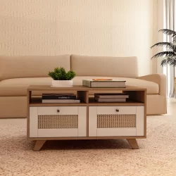 Mesa de Centro 2 Gavetas e Detalhe em Impressão Palha Trama Cinamomo/Off White