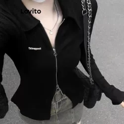 (Trendy) Lovito Camiseta Casual Com Zíper Liso Para Mulheres LNA27136 (Multicolorido)