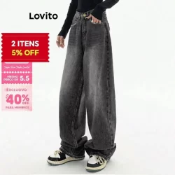 (Trendy) Lovito Jeans Casuais Cat'S Whiskers Pocket Jeans Para Mulheres L106AD1240