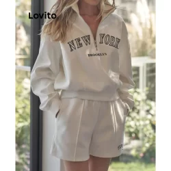 (Trendy) Lovito Tops ou calças femininas casuais com estrutura de letras e bolso com zíper LBL11125