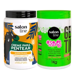 Kit Salon Line Gelatina To De Cacho E Creme Para Pentear Salon Line Super Óleos 1kg