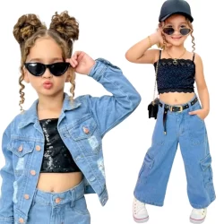 Kit Calça Wide Leg Cargo + Jaqueta com Puídos Menina Moda Blogueirinha