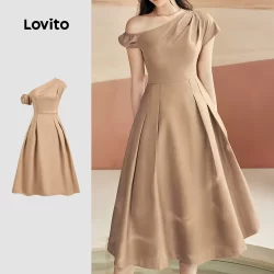 Lovito Vestido Elegante Liso Assimétrico Plissado Verão Primavera Cáqui Para Mulheres LBL25294