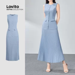 (Lovito Refine) Vestido Elegante Liso Plissado Primavera/Verão Azul Para Mulheres LR11ED057