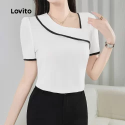 Lovito Blusa Elegante Lisa Colorblock Primavera/Verão Branca Para Mulheres L134ED1002