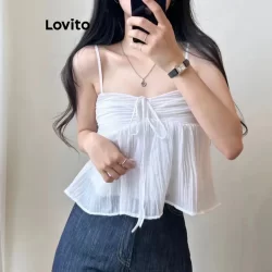 (Trendy) Lovito Regata Casual Lisa Plissada Com Babados E Bainha De Camada Dupla Para Mulheres L87ED118 (Multicolorido)