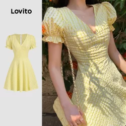 Lovito Vestido Casual Xadrez Com Zíper E Babados Primavera/Verão Amarelo Para Mulheres L134LD017