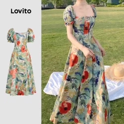 Lovito -  Vestido Casual com Estampa de Flores Amigável para a Pele e Confortável para Primavera/Verão L138ED468