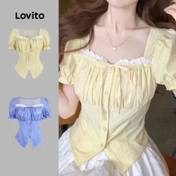 Lovito Blusa Casual Cores Contrastantes Rendas Até Frente Dividida Primavera/Verão Blusa Amarela Para Mulheres L135ED266