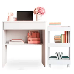 Conjunto Mesinha de Computador Gaveta e Armário para Livros com Rodinha