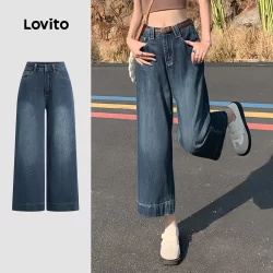 Lovito - Jeans Azul Casual Com Bolso Liso Lavado Para Todas As Estações Para Mulheres L134ED248