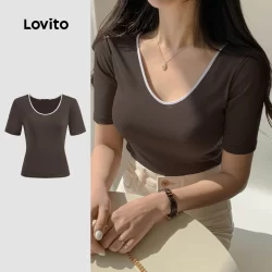 Lovito Camisa Casual Feminina Lisa Com Contraste E Amarração - Camisa De Verão/primavera L132ED947