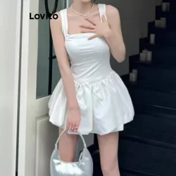 Lovito Vestido casual liso com zíper franzido para mulheres LNE67136