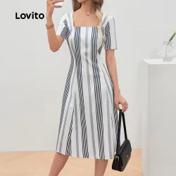 (Trendy) Lovito Vestido Casual Listrado Com Bata Para Mulheres LBL24658