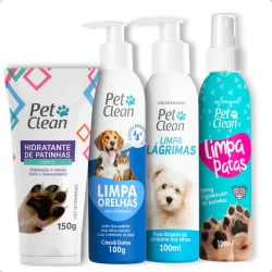 Kit Higiene Pet Clean Hidratante + Limpador Patas + Limpa Ouvidos + Lagrimas Cães e Gatos