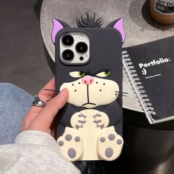 Capa de telefone de Silicone adequada para iPhone 15 Pro Max 11 13 Pro Max 14 12 Tridimensional Cartoon Lucifer Cat Stand Capa macia resistente a choques à prova de choque