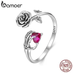 Bamoer 925 Sterling Sliver Ring Rose Skeleton Rosa Esqueleto Mão Jóias De Moda Para Mulheres