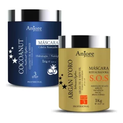 Kit Cronograma Capilar Anjore 2 Máscaras 1kg Hidratação E Nutrição Com Óleo de Coco e Argan
