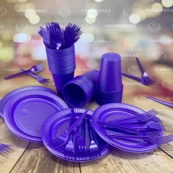 Kit Festa 50 PESSOAS DESCARTAVEIS ROXO PEROLADO GARFO + PRATO + COPO