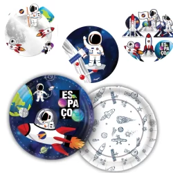 8 PRATO BOLO FESTA  ASTRONAUTA ESPACIAL  DE PAPEL 18 CM REGINA
