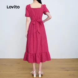 (Trendy) Lovito Vestido Casual com Laço Nas Costas Boa Textura Primavera/verão Vestido Vermelho rosa LBL26044