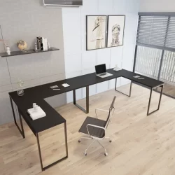 Kit 2 Mesas de Escritório em L Estilo Industrial 1,50mx1,50m Kuadra Preto Onix
