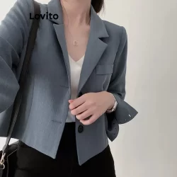 Lovito Blazer Casual Com Botão Liso E Bolso Para Mulheres LNE36029 (Cáqui/Cinza/Branco Off/Preto)