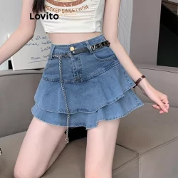 (Trendy) Lovito Saias jeans casuais com babados e bainha lisa para mulheres L114AD513