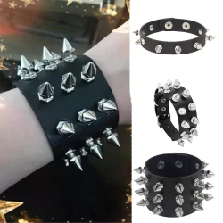 Pulseira Punk Para Mulheres , Gótica De Couro Preto Com Ponta De Metal Cravejada , Rebites , Joias
