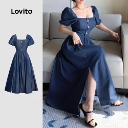 Lovito Vestido Casual de Jeans com Botão   Toque Suave Primavera/verão Vestido de Jeans Azul LBL26264