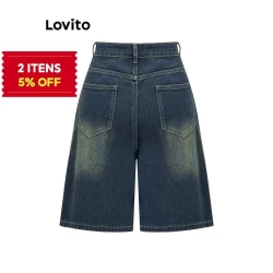 (Trendy) Lovito Short Jeans Casual Com Bolso Liso Para Mulheres L93AD053 (Multicolorido)