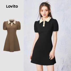 (Hot) Lovito Vestido Casual Liso Com Gola Contrastante Para Mulheres L55AD057 (Multicolorido)