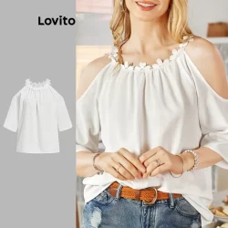 Lovito Blusa elegante de ombro frio com gola lisa e babados para mulheres L99ED411