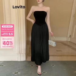 (Trendy) Lovito Vestido Casual Vestido Plissado Liso Para Mulheres L104ED516