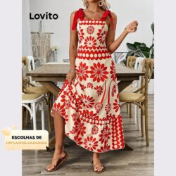 (KOL‘s pick) Lovito Vestido Elegante Floral Com Cadarço E Bainha Com Babados Para Mulheres LNL77459