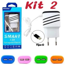 Kit 2 Carregador Turbo Celular Ultra Rápido 3.1 Tipo c Micro USB 2 Usbp Android Portátil