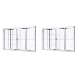 Kit com 2 Janelas de Aço de Correr Central 100x150cm 4 Folhascom Grade Quadriculada e Vidro Liso