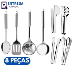 Kit 8 Utensílios Inox Escumadeira Concha Colher de Arroz Pegador de Massa Garfo Trinchante Espátula Vazada 4 Pegadores