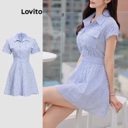 (Trendy) Lovito Vestido elegante listrado com bolso para mulheres L109MD605