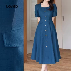 Lovito Vestido de Jeans Elegante com Botões Na Frente Bolsos Falsos Ideal para Primavera/verão azul LBL26500