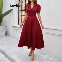 Lovito Vestido Elegante Vestido Liso Franzido Para Mulheres LNL71064