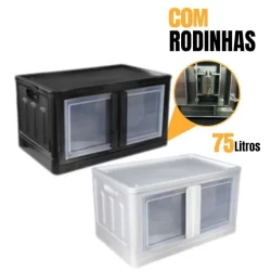 Caixa Organizadora 75  litros Luxo Extra Grande Empilhavel com Rodinhas e 2 Portas - 1 Unidade