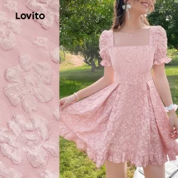 Lovito Vestido Casual com Franzido de Alface Babados Adequado para Primavera/verão Cor rosa L139AD024