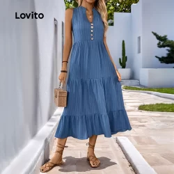 Lovito Vestido Casual em Camadas com Botões Textura Agradável Primavera/verão Azul para mulheres LNL105387