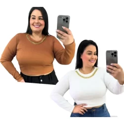 Blusa manga longa com corrente no pescoço plus size