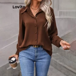 (Trendy) Lovito Blusa Casual Blusa Frontal Com Botão Liso Para Mulheres LNL298